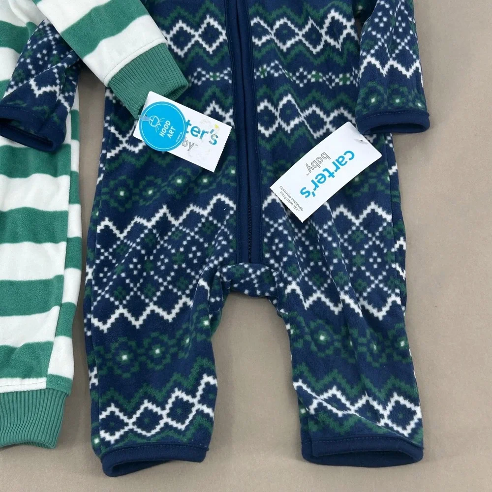 Carter's Fleece Jumpsuit Baby 3M Green Navy Striped Fair Isle‎ Hooded Cozy Dino